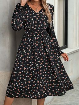 Outzidr - Black V Neck Flowy Floral Dress