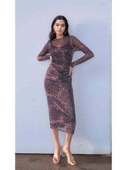 Outzidr - Brown Leopard Print Mesh Party Dress