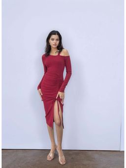 Outzidr - Wine Cold Shoulder Ruched Party Dress