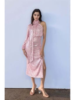 Outzidr - Pink Cold Shoulder Sequined Party Dress