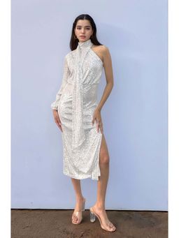 Outzidr - Silver Cold Shoulder Sequined Party Dress