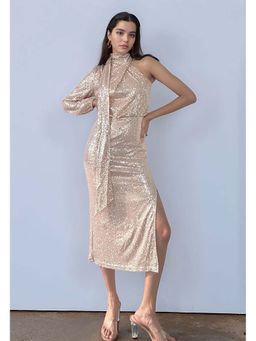 Outzidr - Nude Cold Shoulder Sequined Party Dress