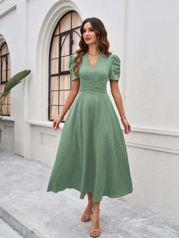 Outzidr - Sea Green Fit And Flare Midi Vacay Dress