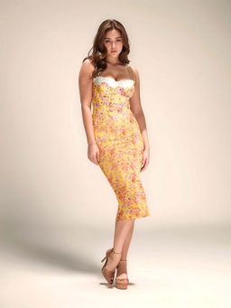 Outzidr - Yellow Floral Bodycon Party Dress