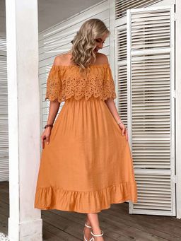 Outzidr - Orange Off Shoulder Vacay Dress With Lace