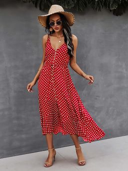 Outzidr - Red Front Buttoned Midi A-Line Dress