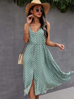 Outzidr - Green Front Buttoned Midi A-Line Vacay Dress