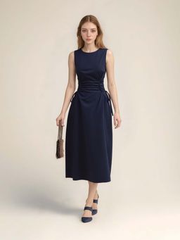 Outzidr - Navy Blue Midi Vacay Dress With Exaggerated Waist Detail