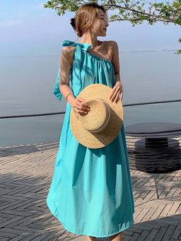 Outzidr - Blue One Shoulder Tie Up Flared Midi Vacay Dress