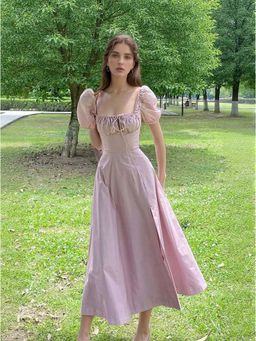 Outzidr - Pink Fit And Flare Midi Vacay Dress