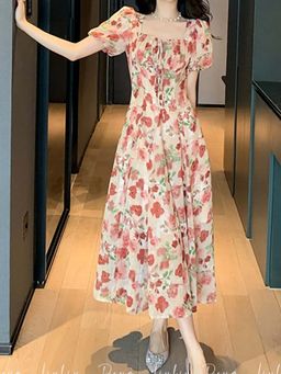 Outzidr - Pink Midi Vacay Dress With Puff Sleeve