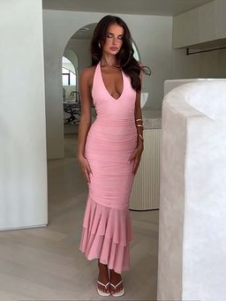 Outzidr - Pink Halter Neck Tiered Ruffle Party Dress