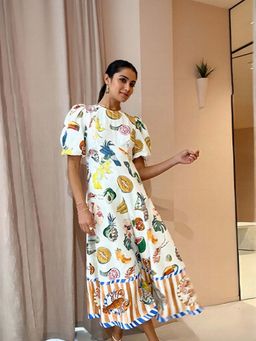 Outzidr - White A-Line Printed Midi Vacay Dress