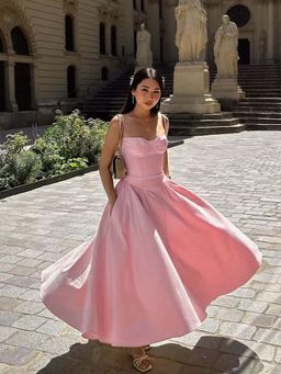 Outzidr - Pink Fit And Flare Midi Length Jacquard Party Dress