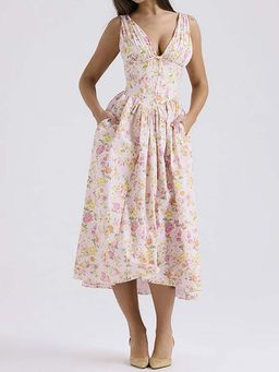 Outzidr - Pink V Neck Corset Flared Vacay Dress