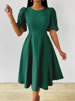 Outzidr - Green Puff Sleeves Fit And Flare Party Dress