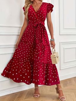 Outzidr - Red Wrap Tiered Flared Vacay Dress