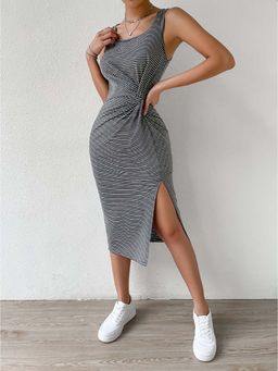 Outzidr - Multi-Color Side Knot High Slit Bodycon Midi Street Style Dress