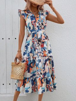 Outzidr - Multi-Color Floral Cap Sleeved Dress with Belt