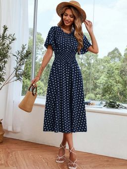 Outzidr - Navy Blue Printed Sinched Waist Dress