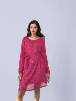 Outzidr - Pink Sequined Mini Party Dress