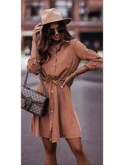 Outzidr - Khaki Sinched Waist Party Dress