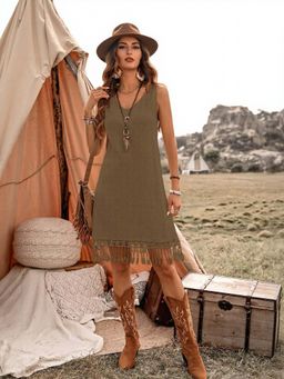 Outzidr - Olive Cotton Lace Detail Mini Vacay Dress