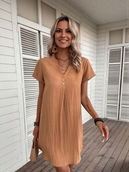 Outzidr - Rust Short Sleeve Shift Street Style Dress