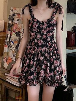 Outzidr - Pink Fit And Flare Tie Up Strap Mini Street Style Dress