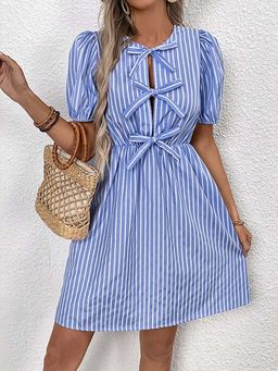 Outzidr - Blue And White Striped A-Line Street Style Dress With Puff Sleeve And Bows At Front