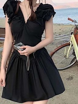 Outzidr - Black V Neck Fit And Flare Mini Vacay Dress