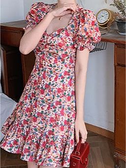 Outzidr - Multi-Color Puff Sleeve A-Line Mini Vacay Dress