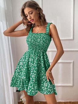 Outzidr - Green Ditsy Print Fit And Flare Casual Wear Dress
