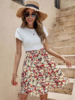 Outzidr - Multi-Color Upper Solid With Printed Bottom Skatter Vacay Dress