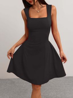 Outzidr - Black Square Neck Flared Party Dress