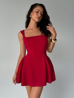 Outzidr - Red Square Neck Flared Party Dress