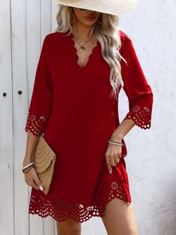 Outzidr - Red Scallop Neck Detailing Dress