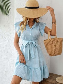 Outzidr - Blue Button Down Dress With Belt