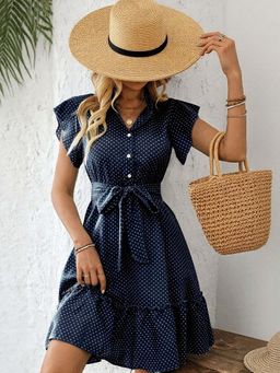 Outzidr - Navy Blue Button Down Dress With Belt