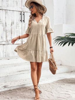 Outzidr - Khaki Solid Tiered Dress