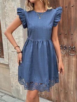 Outzidr - Blue Flutter Sleeves Dress With Lace Detailing