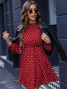 Outzidr - Red Polka Dotted Mini Street Style Dress