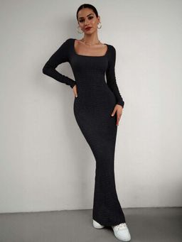Outzidr - Black Square Neck Textured Maxi Bodycon Vacay Dress