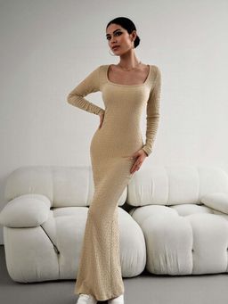 Outzidr - Khaki Square Neck Textured Maxi Bodycon Vacay Dress