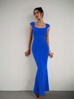 Outzidr - Blue Bodycon Maxi Dress With Gathered Strap