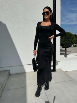 Outzidr - Black Cotton Square Neck Fitted Maxi Party Dress