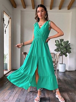 Outzidr - Green Sleeveless Tiered Maxi Street Style Dress