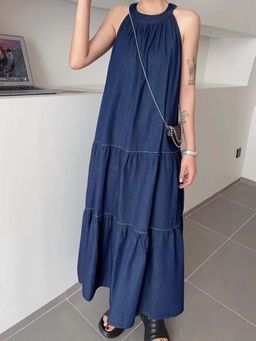 Outzidr - Navy Blue Racer Back Tiered Maxi Street Style Dress