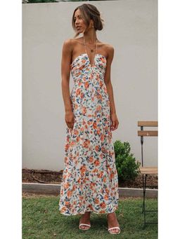 Outzidr - Multi-Color Halter Neck Fit And Flare Maxi Vacay Dress