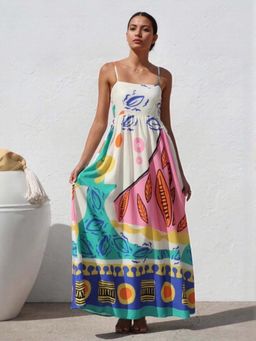 Outzidr - Off White Tropical Print Straight Maxi Vacay Dress